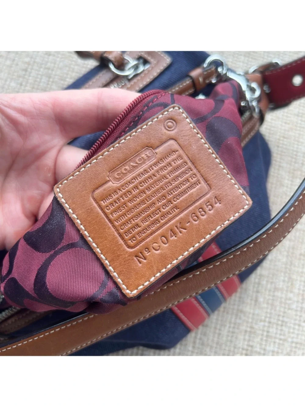 Coach Navy Canvas Shoulder Bag with Red and Pink Stripes
